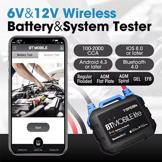TOPDON BTMobile Lite Bluetooth Car Battery Tester 12V Wireless Cranking Charger Circut Tester Auto Analyzer Vehicle 100-2000CCA My Store